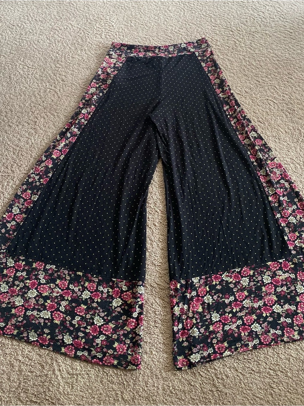 Anthropologie Black Wide-Leg Floral Trim Pants